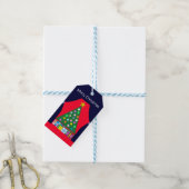 Groene kerstboom en blauwe draperingen: cadeaulabel (Met Touw)