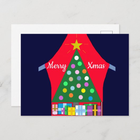 Groene kerstboom en blauwe draperingen: feestdagenkaart (Voorkant / Achterkant)