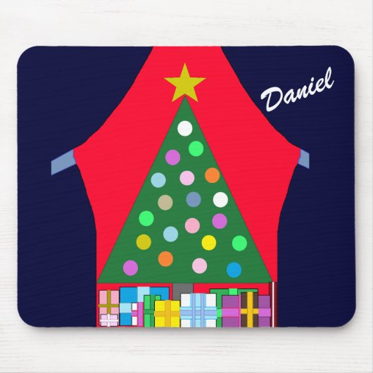 Groene kerstboom en blauwe draperingen: muismat (Voorkant)