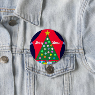 Groene kerstboom en blauwe draperingen: ronde button 7,6 cm