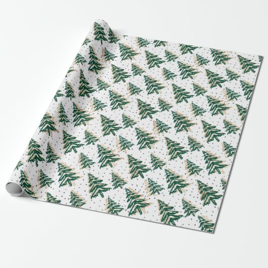 Groene kerstboom en gouden faux-glitter-patroon cadeaupapier (Uitgerold)