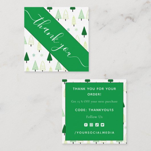 Groene kerstboom en sneeuw Dank u sociale media Vierkante Visitekaartje (Voorkant / Achterkant)