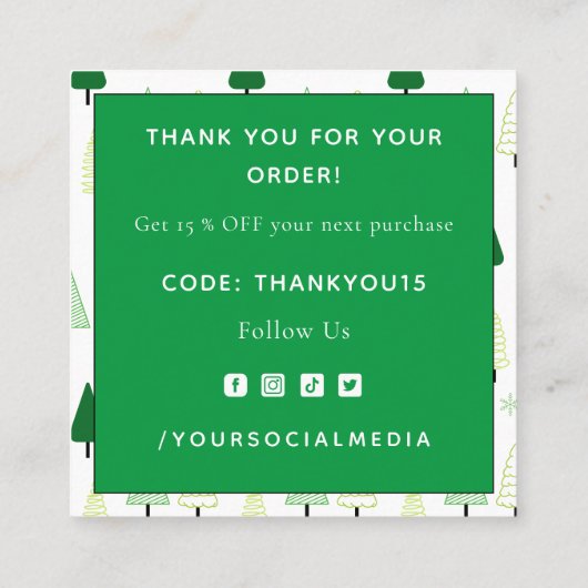 Groene kerstboom en sneeuw Dank u sociale media Vierkante Visitekaartje (Achterkant)
