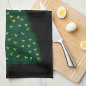 Groene kerstboom, gouden looppaarden op zwart theedoek (Quarter Fold)