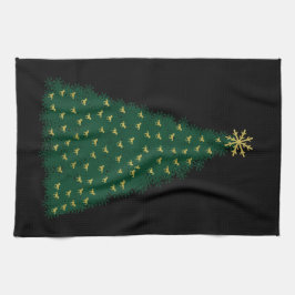 Groene kerstboom, gouden looppaarden op zwart theedoek