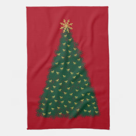 Groene kerstboom, gouden rennende paarden op rood theedoek