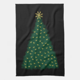 Groene kerstboom, gouden rennende paarden op zwart theedoek
