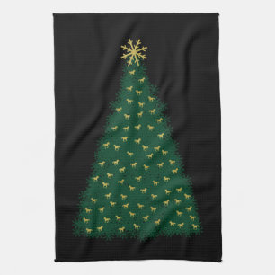 Groene kerstboom, gouden rennende paarden op zwart theedoek