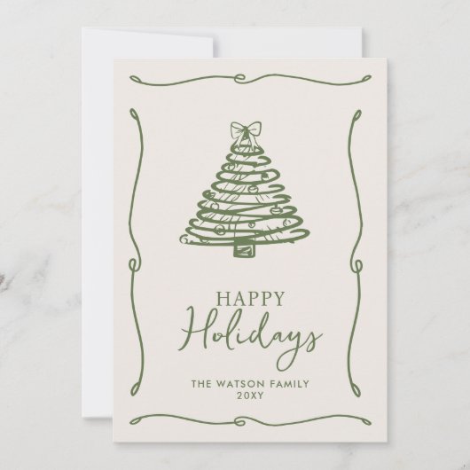 Groene kerstboom handgetekende boog lint feestdagenkaart (Voorkant)