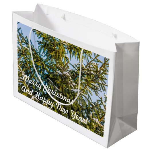 Groene kerstboom in sneeuw groot cadeauzakje (Achterkant Gekanteld)