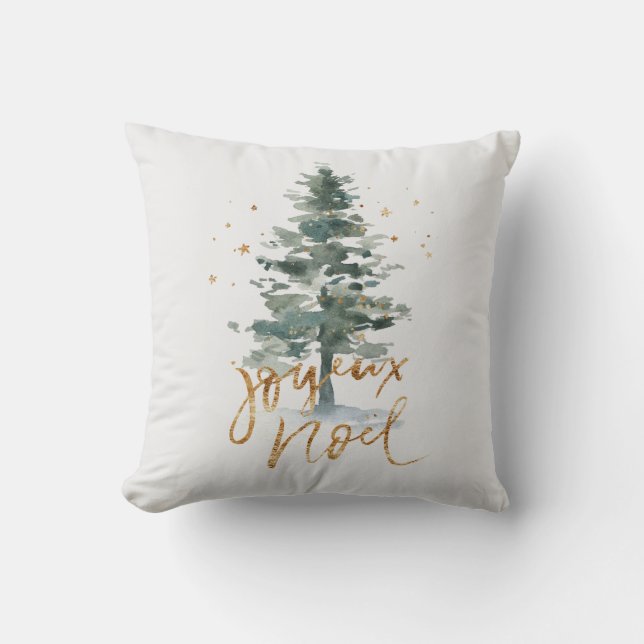 Groene kerstboom Joyeux Noel gouden typografie Kussen (Voorkant)