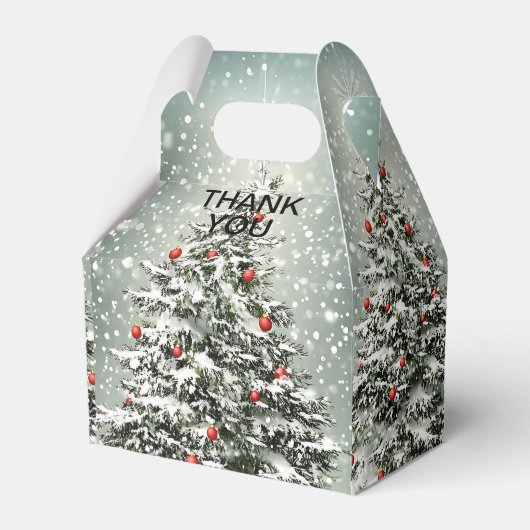 Groene Kerstboom Kleurrijke Ornamenten Witte Sneeu Bedankdoosjes (Voorkant Zijde)