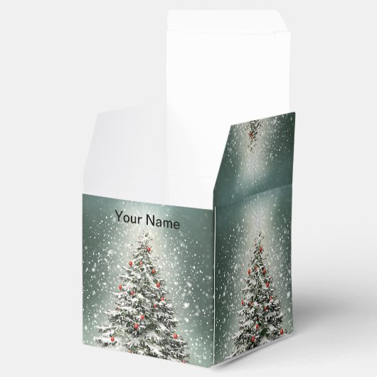 Groene Kerstboom Kleurrijke Ornamenten Witte Sneeu Bedankdoosjes (Geopend)