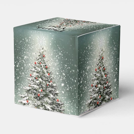 Groene Kerstboom Kleurrijke Ornamenten Witte Sneeu Bedankdoosjes (Achterkant)