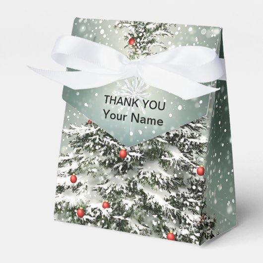 Groene Kerstboom Kleurrijke Ornamenten Witte Sneeu Bedankdoosjes (Voorkant Zijde)