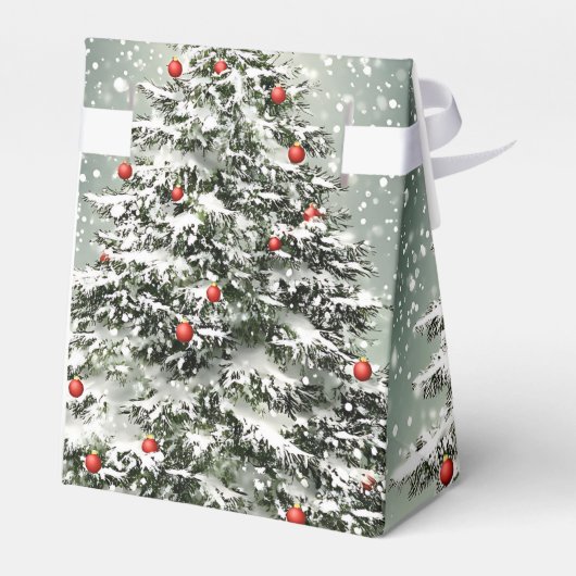 Groene Kerstboom Kleurrijke Ornamenten Witte Sneeu Bedankdoosjes (Achterkant)