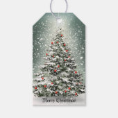 Groene Kerstboom Kleurrijke Ornamenten Witte Sneeu Cadeaulabel (Voorkant)