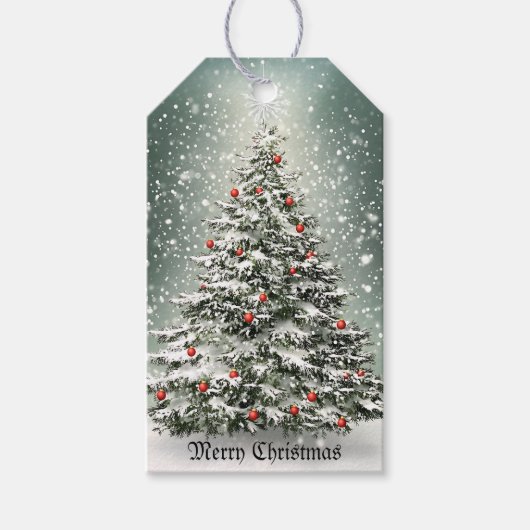 Groene Kerstboom Kleurrijke Ornamenten Witte Sneeu Cadeaulabel (Voorkant)