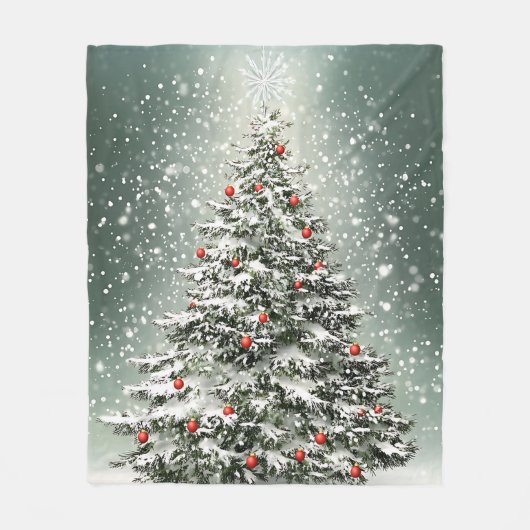 Groene Kerstboom Kleurrijke Ornamenten Witte Sneeu Fleece Deken (Voorkant)