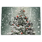 Groene Kerstboom Kleurrijke Ornamenten Witte Sneeu Groot Cadeauzakje (Voorkant)