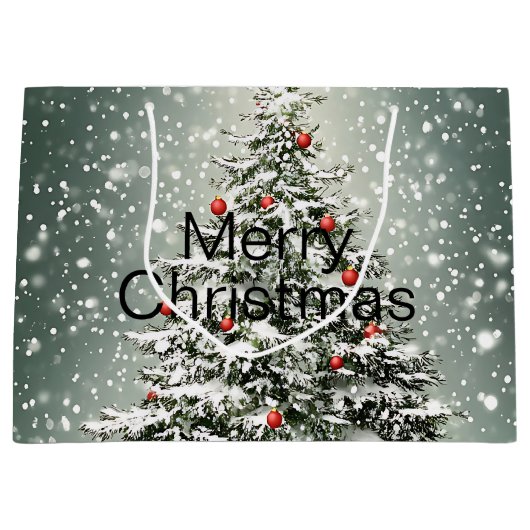 Groene Kerstboom Kleurrijke Ornamenten Witte Sneeu Groot Cadeauzakje (Voorkant)