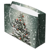 Groene Kerstboom Kleurrijke Ornamenten Witte Sneeu Groot Cadeauzakje (Achterkant Gekanteld)