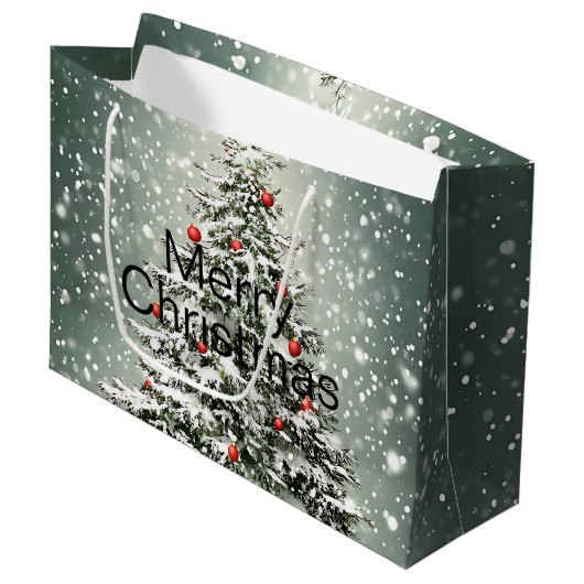 Groene Kerstboom Kleurrijke Ornamenten Witte Sneeu Groot Cadeauzakje (Voorkant Gekanteld)