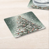 Groene Kerstboom Kleurrijke Ornamenten Witte Sneeu Kartonnen Onderzetters (Schuin)