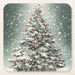 Groene Kerstboom Kleurrijke Ornamenten Witte Sneeu Kartonnen Onderzetters