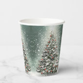 Groene Kerstboom Kleurrijke Ornamenten Witte Sneeu Papieren Bekers (Achterkant)