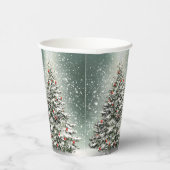 Groene Kerstboom Kleurrijke Ornamenten Witte Sneeu Papieren Bekers (Rechts)