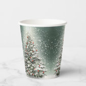 Groene Kerstboom Kleurrijke Ornamenten Witte Sneeu Papieren Bekers (Voorkant)