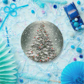 Groene Kerstboom Kleurrijke Ornamenten Witte Sneeu Papieren Bordje (Feest)