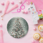 Groene Kerstboom Kleurrijke Ornamenten Witte Sneeu Papieren Bordje (Feest)