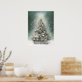 Groene Kerstboom Kleurrijke Ornamenten Witte Sneeu Poster (Keuken)