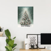 Groene Kerstboom Kleurrijke Ornamenten Witte Sneeu Poster (Thuiskantoor)
