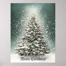 Groene Kerstboom Kleurrijke Ornamenten Witte Sneeu Poster