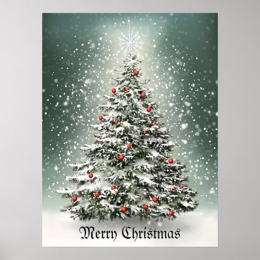 Groene Kerstboom Kleurrijke Ornamenten Witte Sneeu Poster (Voorkant)