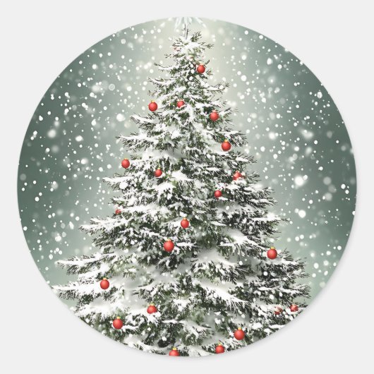 Groene Kerstboom Kleurrijke Ornamenten Witte Sneeu Ronde Sticker (Voorkant)