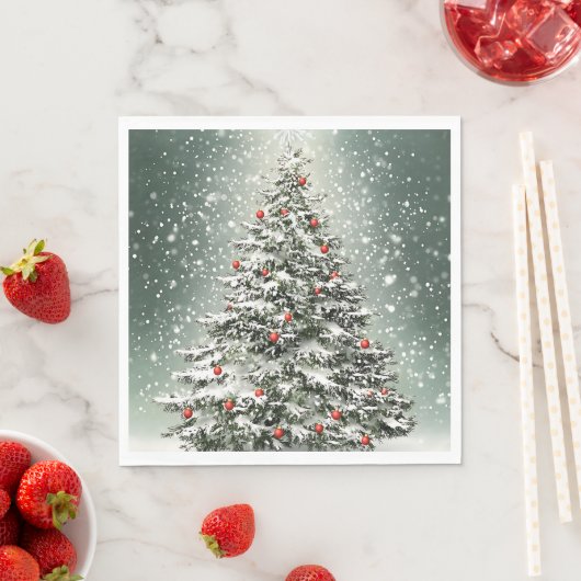 Groene Kerstboom Kleurrijke Ornamenten Witte Sneeu Servet (Insitu)