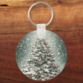 Groene Kerstboom Kleurrijke Ornamenten Witte Sneeu Sleutelhanger (Achterkant)