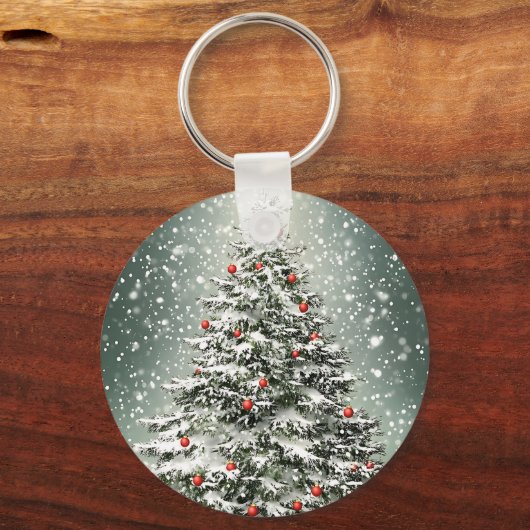 Groene Kerstboom Kleurrijke Ornamenten Witte Sneeu Sleutelhanger (Achterkant)