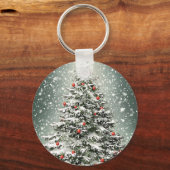 Groene Kerstboom Kleurrijke Ornamenten Witte Sneeu Sleutelhanger (Voorkant)