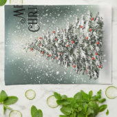 Groene Kerstboom Kleurrijke Ornamenten Witte Sneeu Theedoek (Gevouwen)