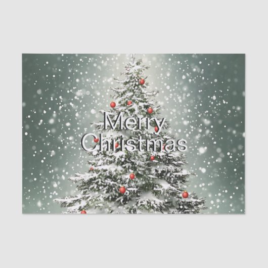 Groene Kerstboom Kleurrijke Ornamenten Witte Sneeu Tissuepapier (Voorkant)