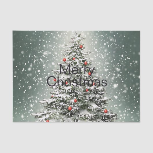 Groene Kerstboom Kleurrijke Ornamenten Witte Sneeu Tissuepapier (Voorkant)