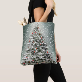 Groene Kerstboom Kleurrijke Ornamenten Witte Sneeu Tote Bag
