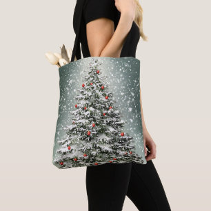 Groene Kerstboom Kleurrijke Ornamenten Witte Sneeu Tote Bag