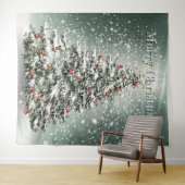 Groene Kerstboom Kleurrijke Ornamenten Witte Sneeu Wandkleed (In Situ (horizontaal))
