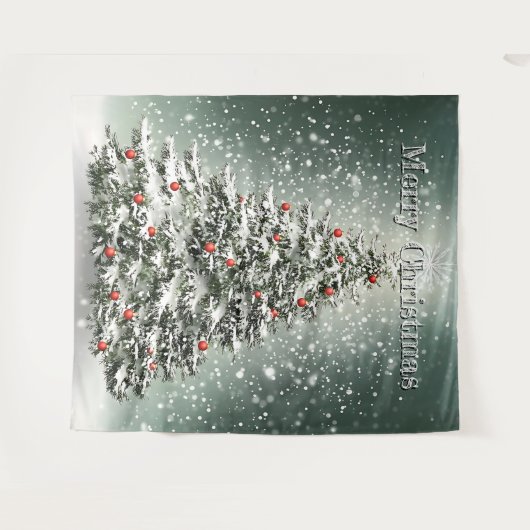 Groene Kerstboom Kleurrijke Ornamenten Witte Sneeu Wandkleed (Voorkant (horizontaal))